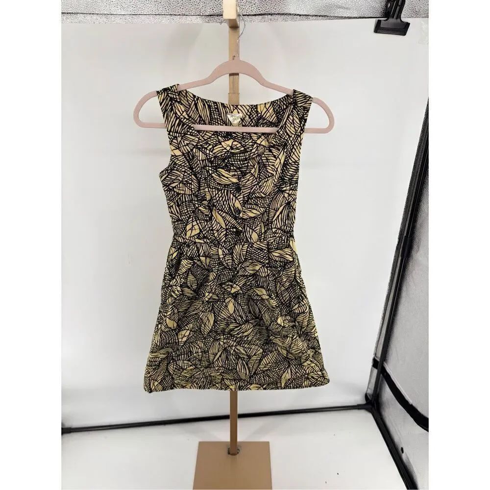 Weston Wear Anthropologie Emerging Leaves Mini Dress Size 2 Black Gold